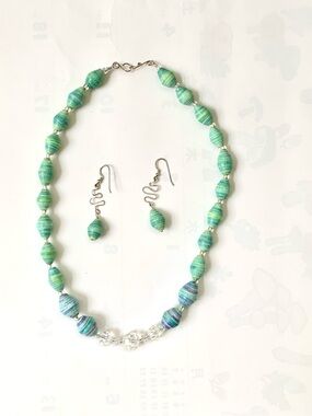 pastel green blue purple paper bicone beads necklace silver earrings jewelry set